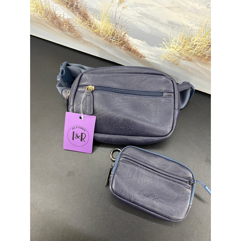 Iris & Rainbow Navy Blue Vegan Leather Belt Bag and Pouch Set I&R Fanny Pack